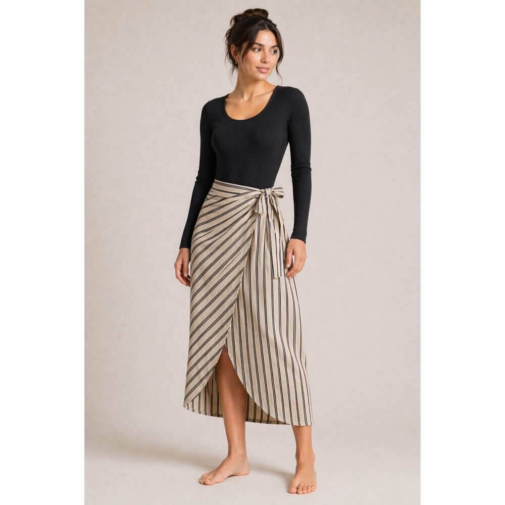 H&M Striped Wrap Skirt Size 4 Beige Black Tie Waist Midi